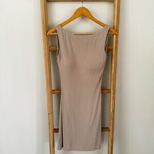 OGL Eco-SkinKiss Open Back Brami Mini Dress Taupe Sleeveless Bodycon Size S
